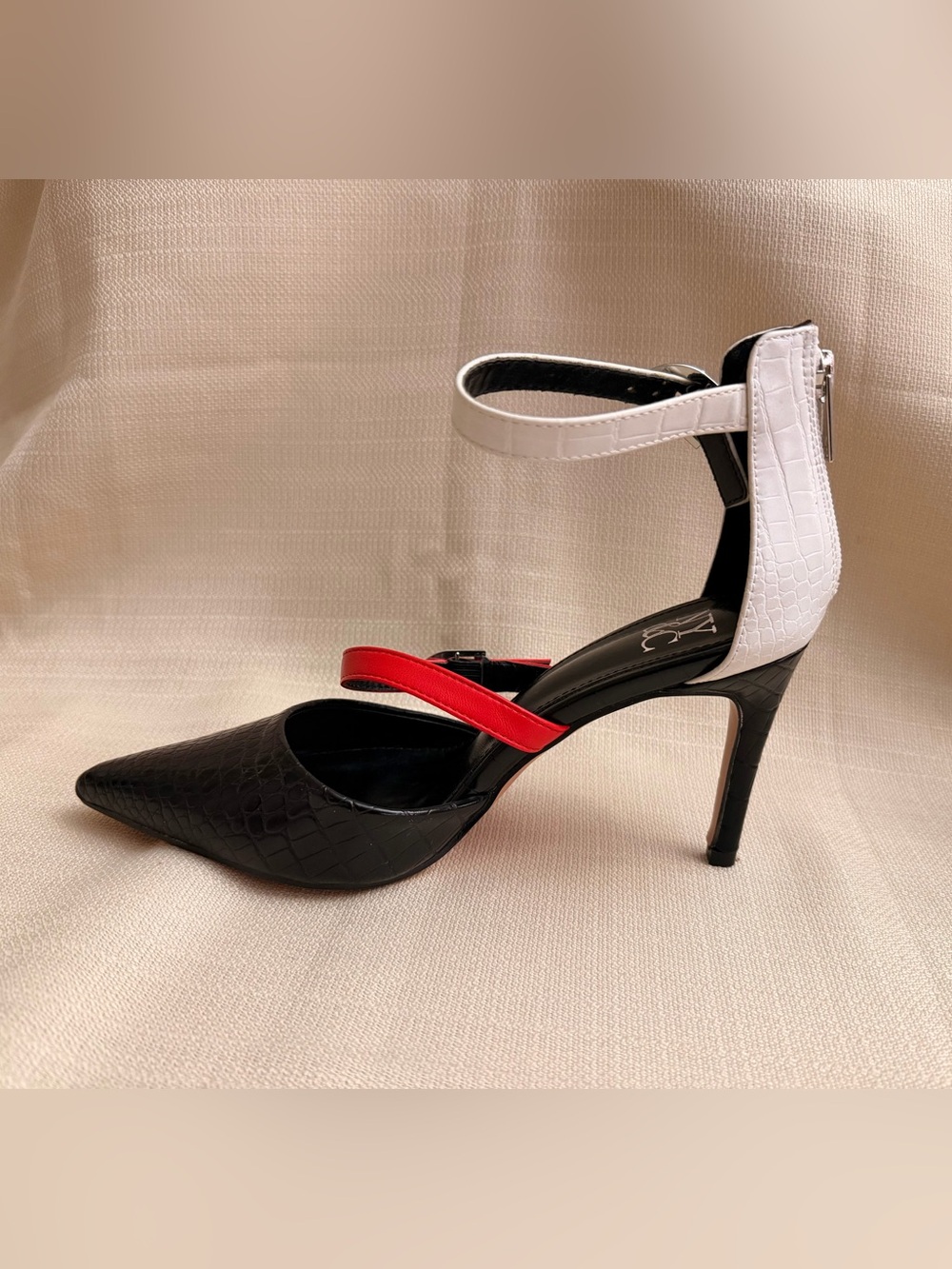 New York & Company Black Pointed Pump with White Ankle and Red Mid Strap - Picture 2 of 8